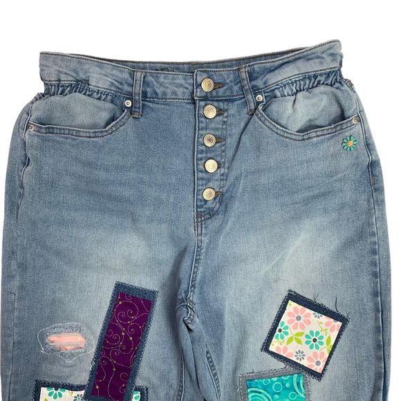 Nobo Jeans Patchwork Boho Distressed Flower Teal Pink Button Fly Junior 11 - Picture 4 of 13